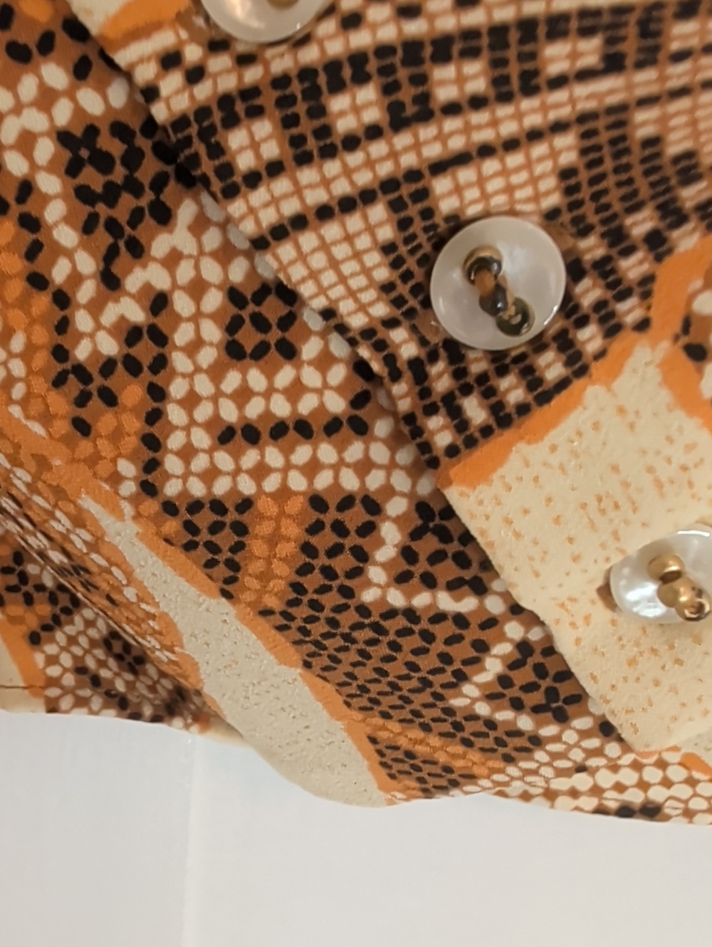Rachel Zoe Blouse Brown Cream Tan Aztec Swirl-Print Long Gathered Sleeve L Top - Picture 4 of 15